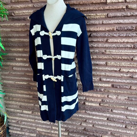 Talbots Navy Blue Nautical Striped Toggle Button Coatigan Cardigan Sweater - Picture 7 of 9